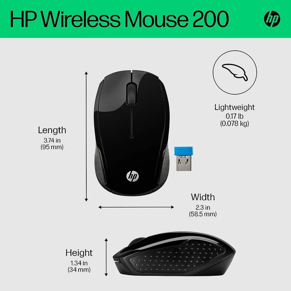 HP 200 Black 2.4 GHz USB Wireless Mouse with Red LED 1000 DPI Optical Sensor, Up - Image 3 of 4