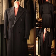 Black Cashmere Men's Overcoat Wide Peak Lapel Formal Business Men Long Coats