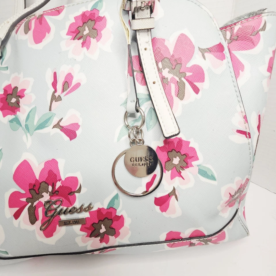 GUESS Floral Multicolor Womens Tote Shoulder Bag Purse Pink Roses Leopard Lining - Image 2 of 4