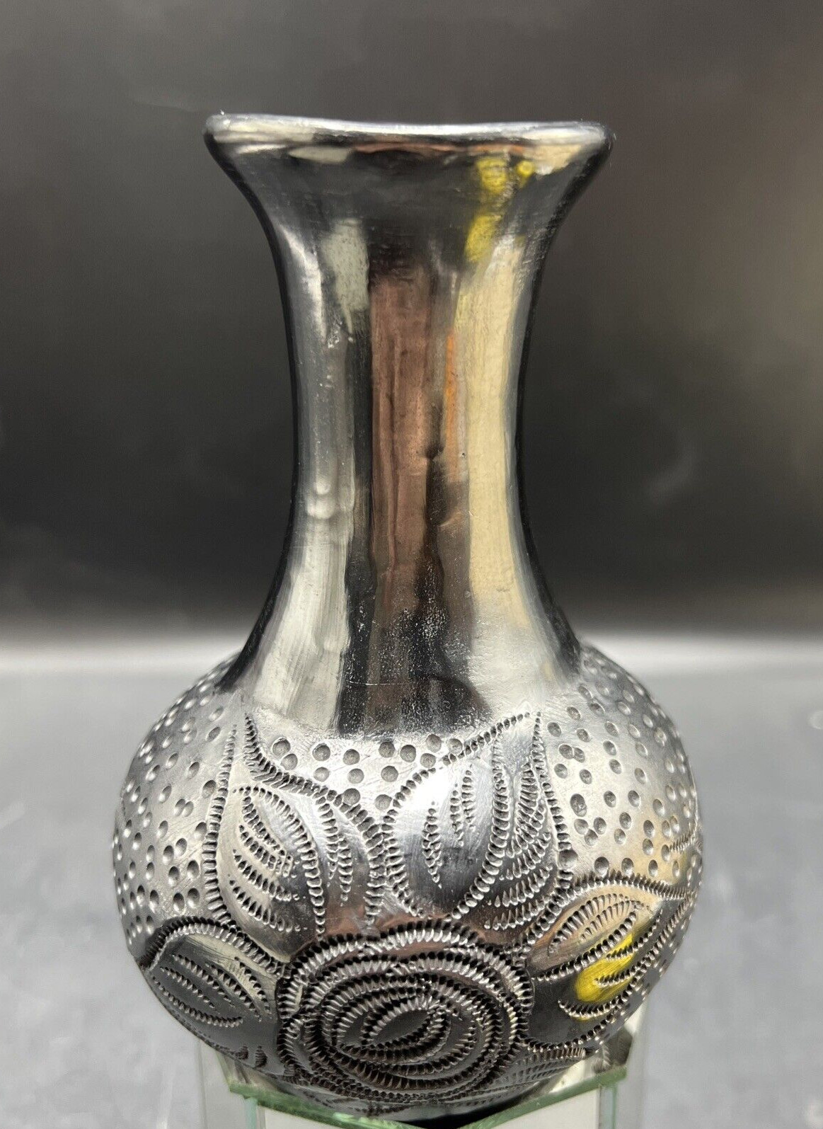 Vintage Mexican Folk Art Oaxaca Southwest Black Art Pottery Incised Flower Vase