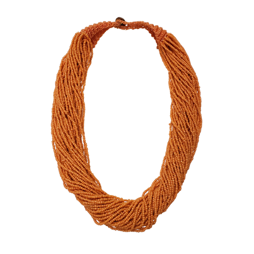 Ethnic Glass Seed Bead Multi Strand Statement Bib Orange Rust Necklace
