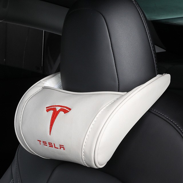1Pc White + Red Font Tesla Car Seat Headrest Pillow Neck Rest Leather