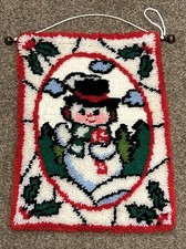 Vtg MCM Large Latch Hook Christmas Snowman Rug Wall hanging Rectangle 27x 20
