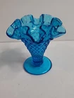 Vintage Fenton Colonial Blue Mini Hobnail Ruffled Edge Crimped  Trumpet Vase 4"
