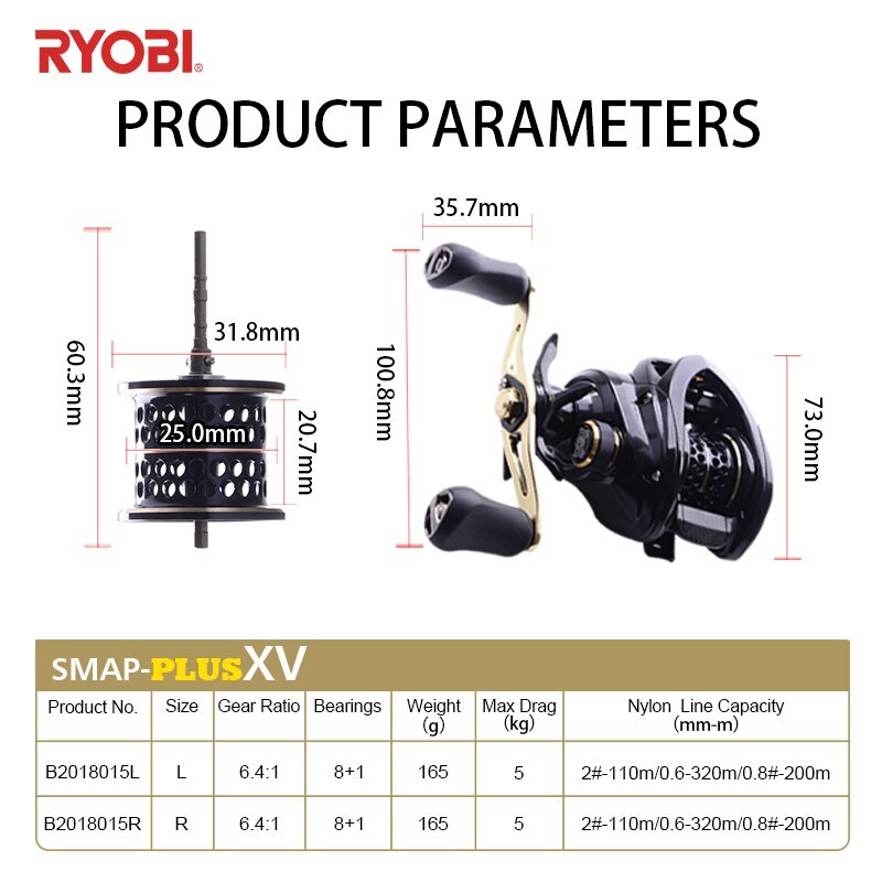 RYOBI SMAP XV PLUS Baitcasting Fishing Reels 8+1BB Carbon