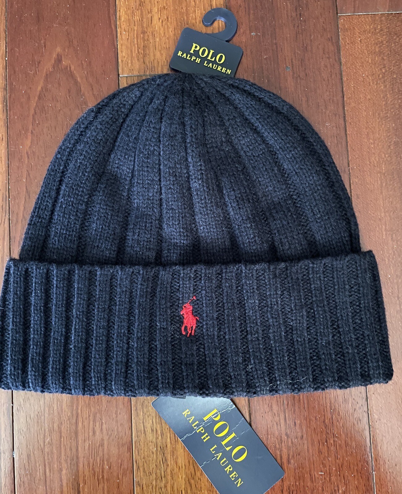 Nuova polo RALPH LAUREN blu navy lana merino rosso pony logo a costine berretto a polsini