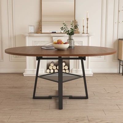 Round Dining Table with Storage Function Extendable with Metal Frame