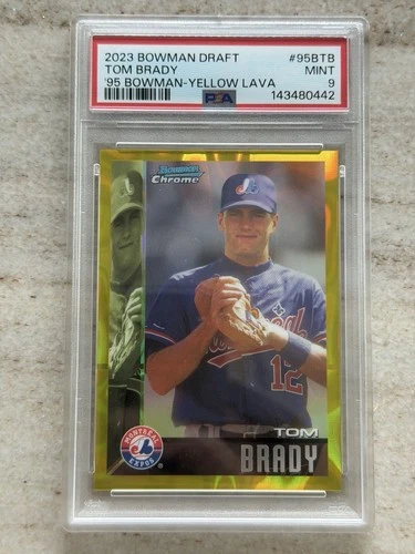 Topps 2023 Bowman Draft Tom Brady #95B-TB Yellow Lava Refractor 55/75 PSA 9