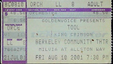 Tool Concert Ticket Stub Greek Theatre Berkeley California Rock Band 8/10/2001