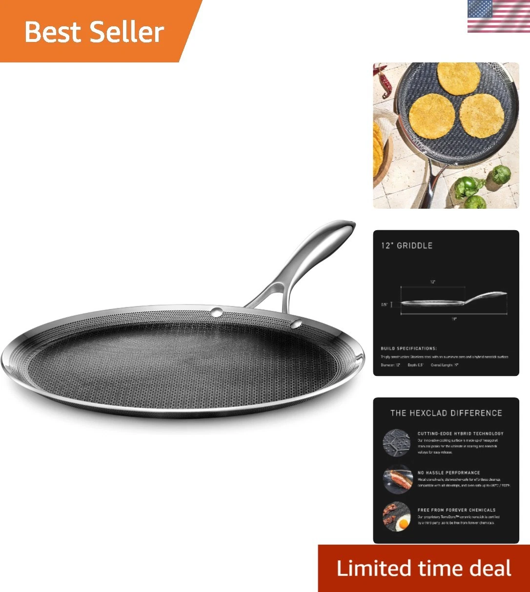 Hybrid Nonstick 12-Inch Griddle Pan, Stay-Cool Handle, Dishwasher-Friendly, O...