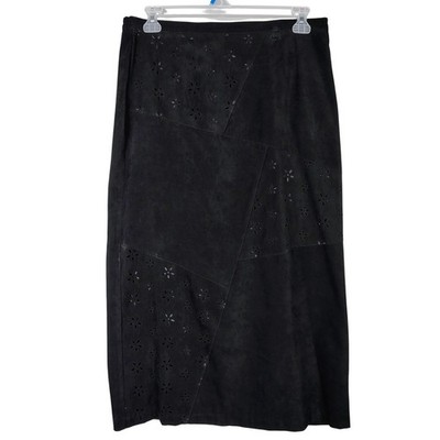 Notations VTG Black vegan Suede Patchwork Floral Eyelet Midi Skirt XL dark west