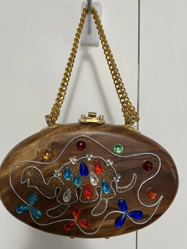 Cartera Caja Madera Tortuga Joya Cadena Mango Clavija Pies Poki Mod Enid Collins Look Foto 2 de 4