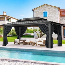 12x20ft Hardtop Gazebo Heavy Duty Hot Tub Gazebo with Flame-Resistant Curtains