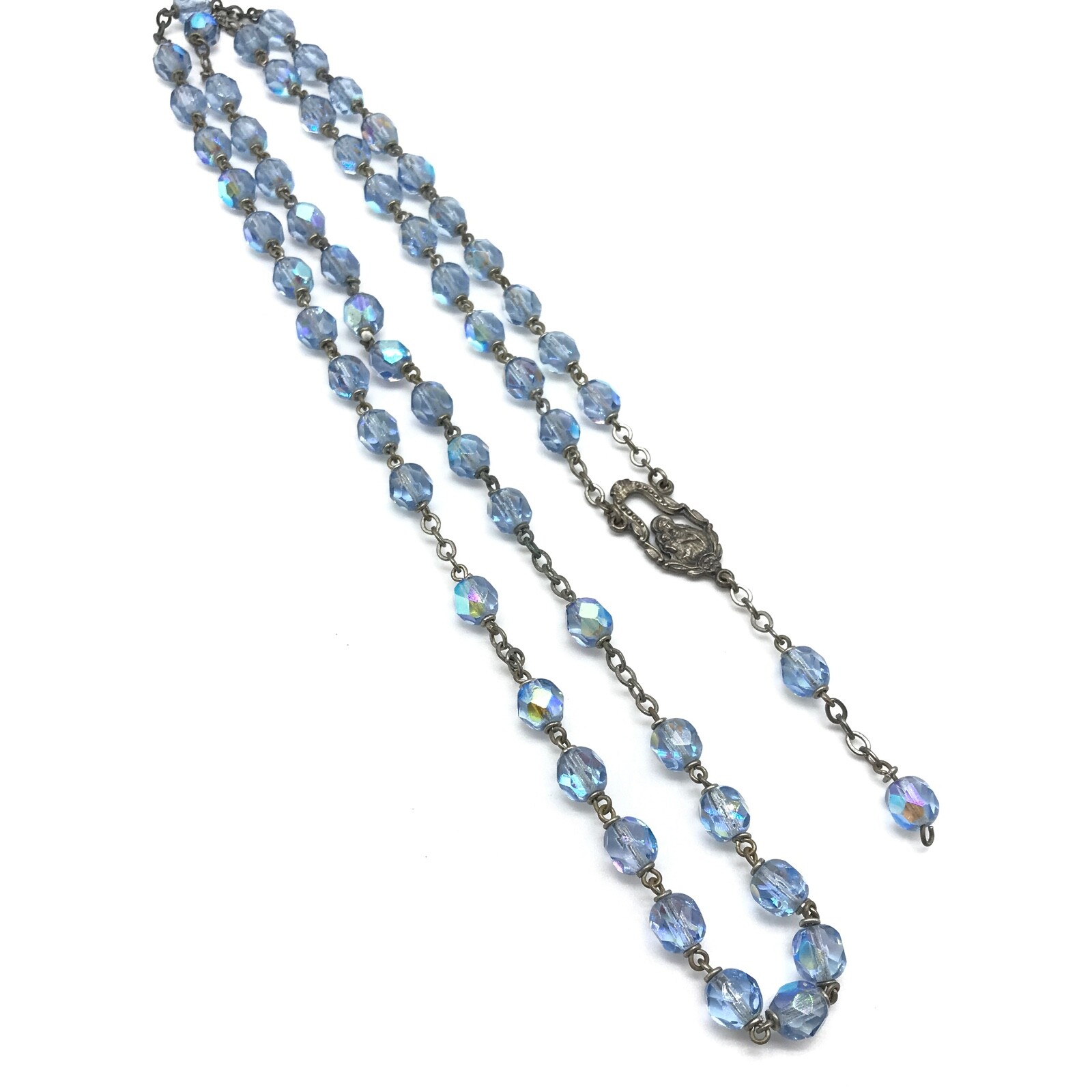 Vintage Blue Aurora Borealis AB Crystal Rosary Beads Silver Tone Necklace