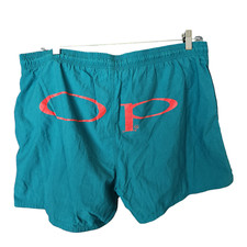 Vtg 80-90s OP Ocean Pacific Swim Trunks Shorts M Surf Spellout Turquoise Flaw