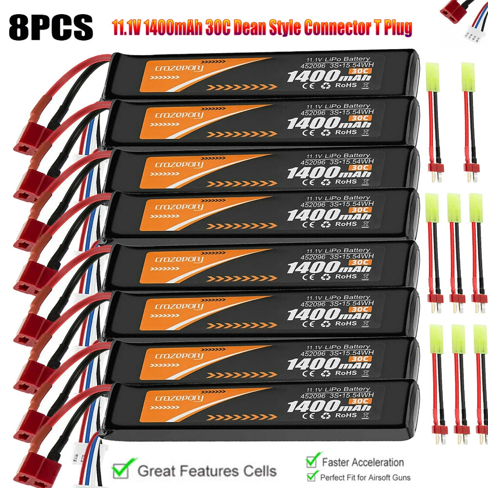 Batería LiPo 11.1V 2000mAh/1200mAh/1400mAh 3S Airsoft + Mini Conector Tamiya EE. UU. Foto 3 de 4