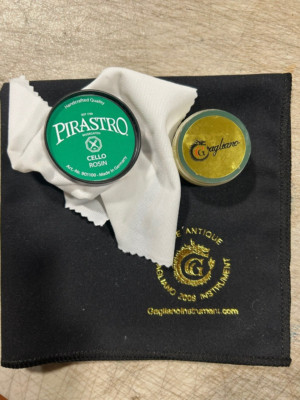 Pirastro Cello Rosin, Gagliano Findgerboard ,peg, wood protector ,Cloth