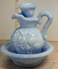 Vintage Avon Blue Marbled Milk Glass Mini Pitcher and Bowl Set ~ May 1978