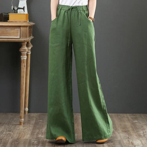 Summer Womens Cotton Linen Baggy Long Trousers Elastic High Waist Wide Leg Pants - Picture 16 of 31