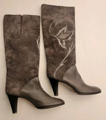 Vintage Bally Boots Womens 10M Gray Suede Leather Tall Heeled w/ Applique  Unique