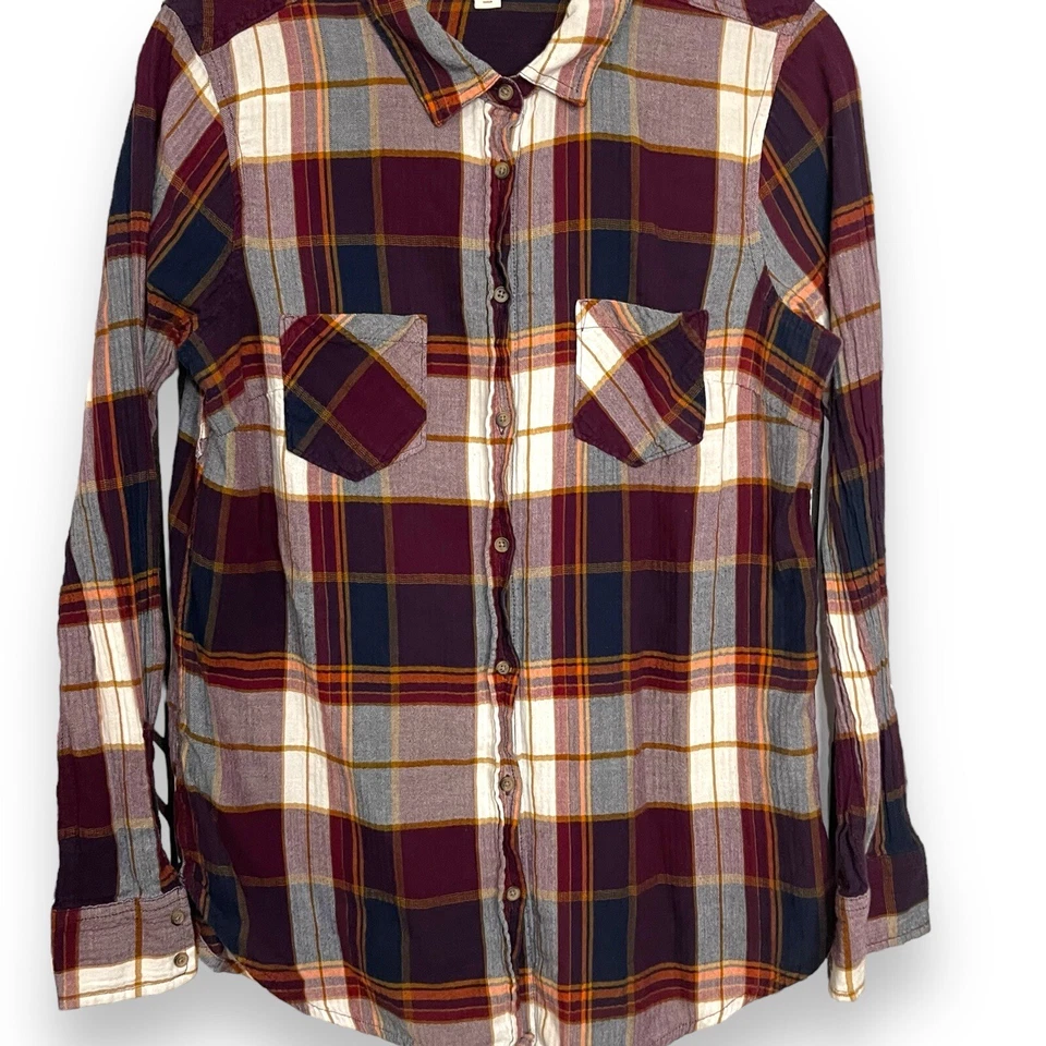 Camisa para mujer Merona con botones grande multicolor bolsillos a cuadros informal top occidental Foto 2 de 4