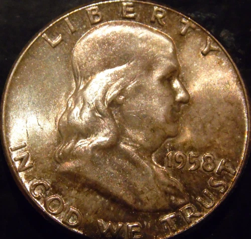 1958-P Franklin Half Dollar Gem BU Uncirculated Light Rainbow Toned