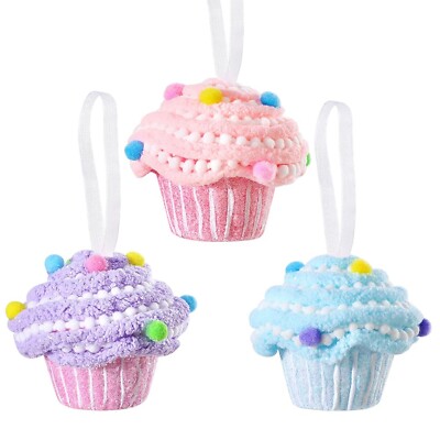 Christmas Cupcake Hanging Ornaments 3pcs Pastel Macaron Sweet Woolen Cupcake ...