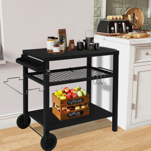 Outdoor Grill Cart Three-Shelf Grill Table Movable BBQ Trolley Food Prep Cart