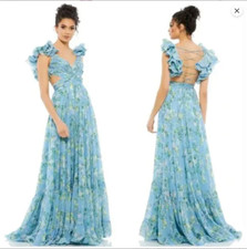 MAC DUGGAL 67803 RUFFLE TIERED FLORAL CUTOUT CHIFFON BLUE MULTI GOWN 6