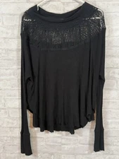 Free People Spring Valley Top Black Lace Waffle Knit Relaxed Long Sleeve Small