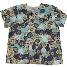 Tafford Scrub Top Floral Pattern 2 Pocket V-Neck Pullover Aqua Yellow Blue White