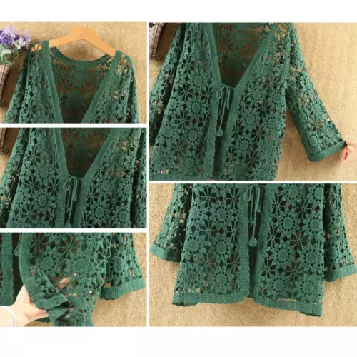 Women Lace Crochet Shrug Cardigan Top Jacket Hollow Knitted 3/4 Sleeve Shawl - Picture 4 of 31