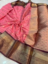 Pink Banarasi Semi Katan Silk Check Saree Golden Zari Work Contrast Border Pallu