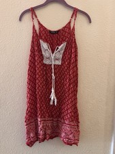 Indulge Red White Crochet Tasseled Bohemian Sleeveless V-Neck Sundress Size M