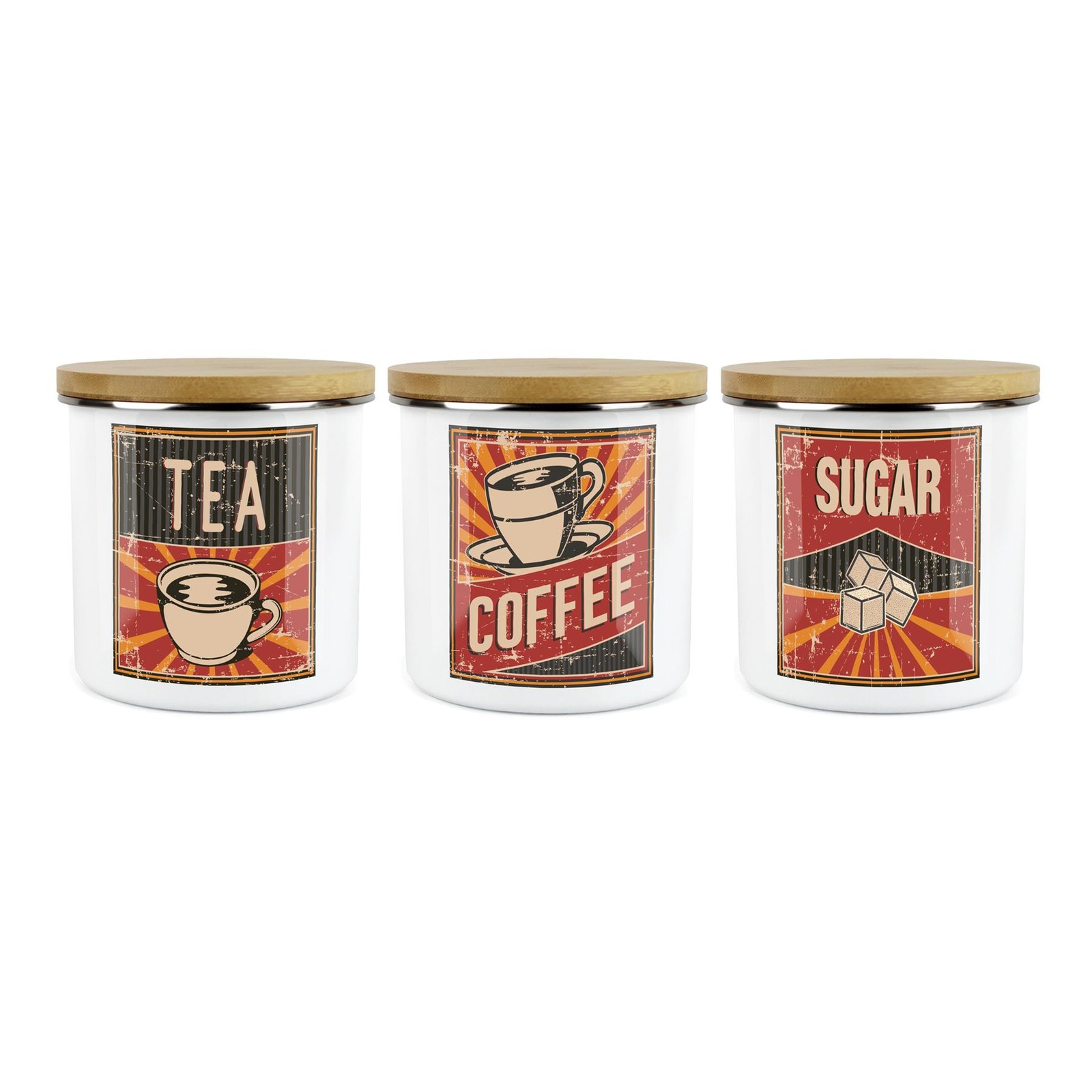 Retro 60s Diner Tea, Coffee & Sugar Canisters - Kitchen Storage Jars - Set of 3