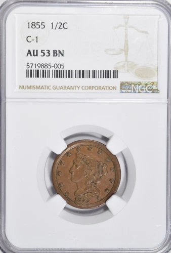 1855 BRAIDED HAIR HALF CENT ~ C-1 VARIETY ~ CHOICE ABOUT UNCIRCULATED NGC AU53!
