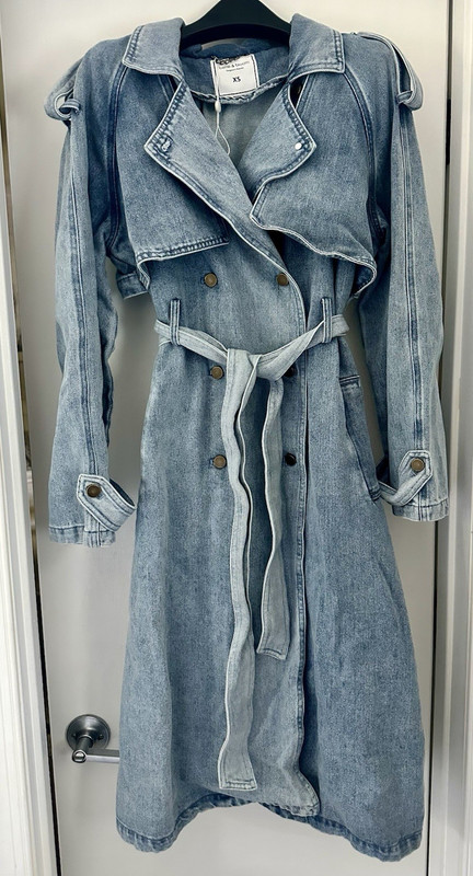 belle & bloom Blue Double Breasted Belted Long Trench Coat Women's XS