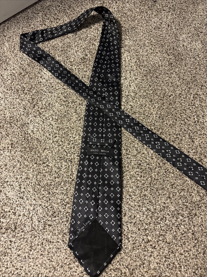 Enzo Bella Moda Italiana 100% шелк мужской галстук дизайнерский черный геометрический - Изображение 4 из 4