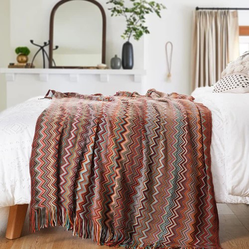 Boho Throw Blanket ,Rust Red Throw Blankets for Couch Bed Sofa ,Knitted Tasse... - Picture 3 of 7