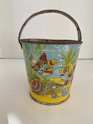 Vintage J. Chein Tin Litho Sand Pail Sea Creatures With Underwater Treasures
