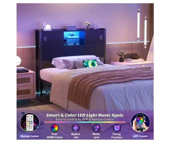 Cabecero para cama doble con almacenamiento resistente cabecero de librería con salida. Foto 4 de 4