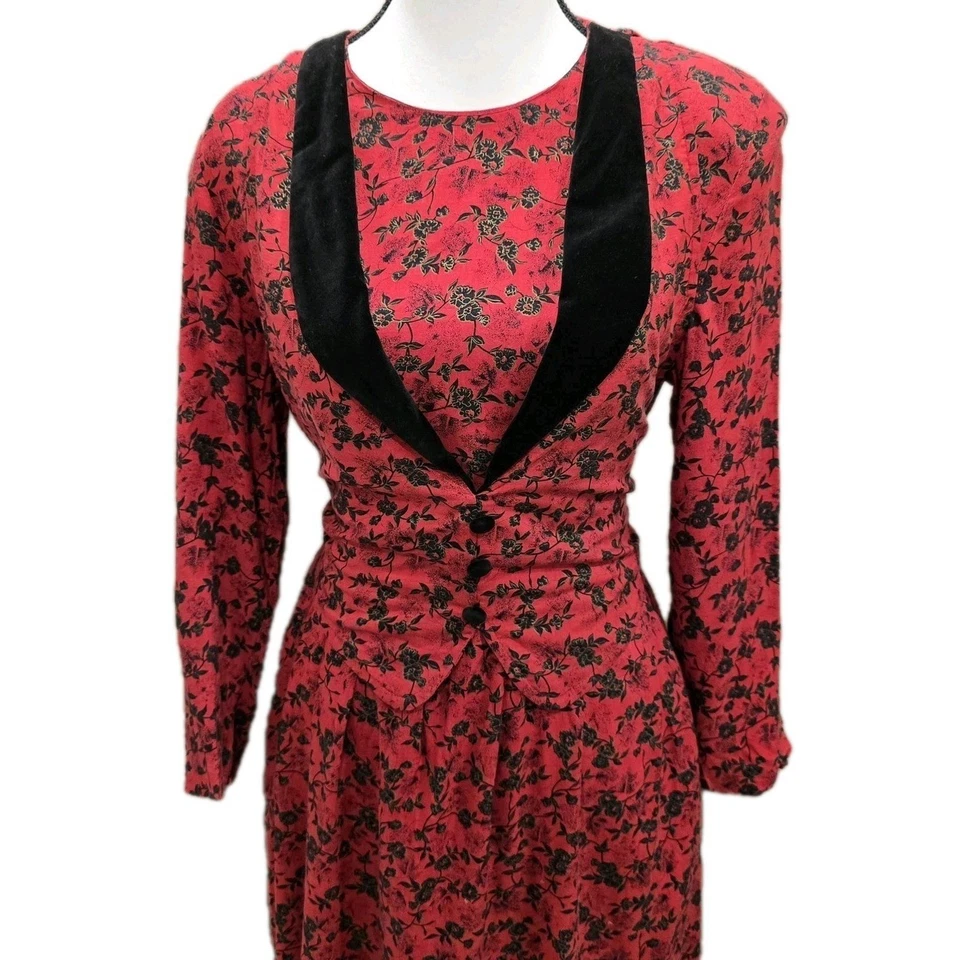 Vestido Miss Dorby Años 90 De Colección Para Mujer 8P Floral Cuello Terciopelo Manga Larga -Pradera Foto 2 de 4