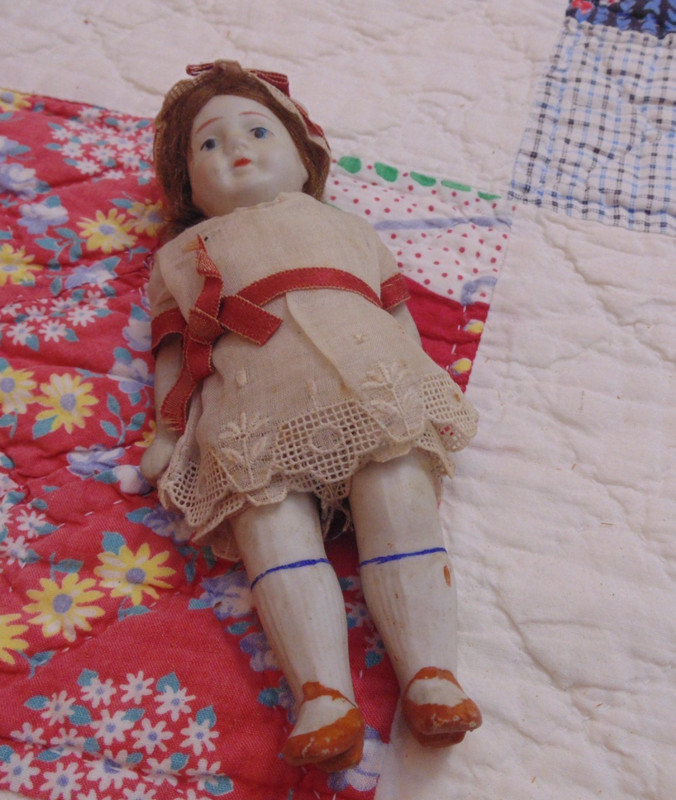 Antique Miniature Hand Painted Bisque Girl Doll Lace Dress Pants Ribbon Japan