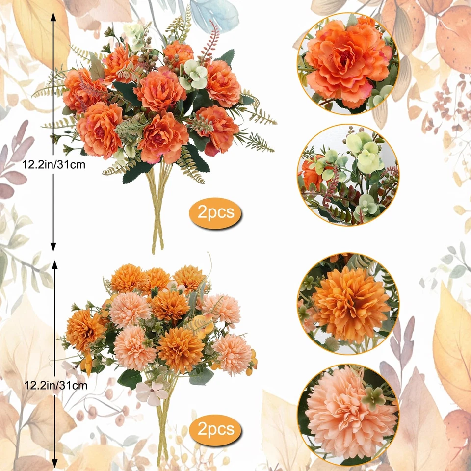 4 Pacotes de Flores Artificiais de Outono Flores de Crisântemo com Peônias Outono F... - Imagem 2 de 4