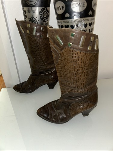 6 37 Vintage Brown Leather Boots 80's ALAN PINKUS mid Calf Cowboy Mid Heel - Picture 6 of 9