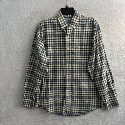 Izod Saltwater Mens Button Shirt Blue Yellow Check Medium Cotton Long Sleeve