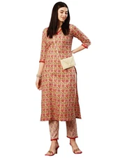 GoSriKi Women's Cotton Blend Straight Printed Kurta with Pant