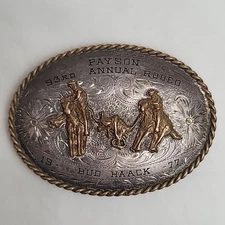 1977 Payson AZ Rodeo B-K STERLING SILVER Front Team Roping Engraved Belt Buckle