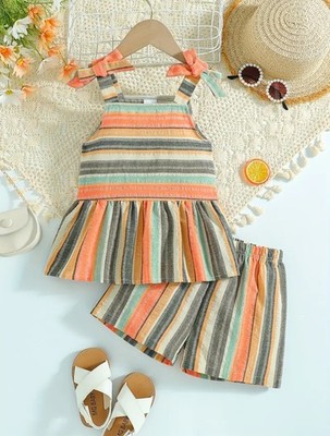 2-Piece Girls Boho Stripe Set Casual Outdoor Wear - 6yrs Only