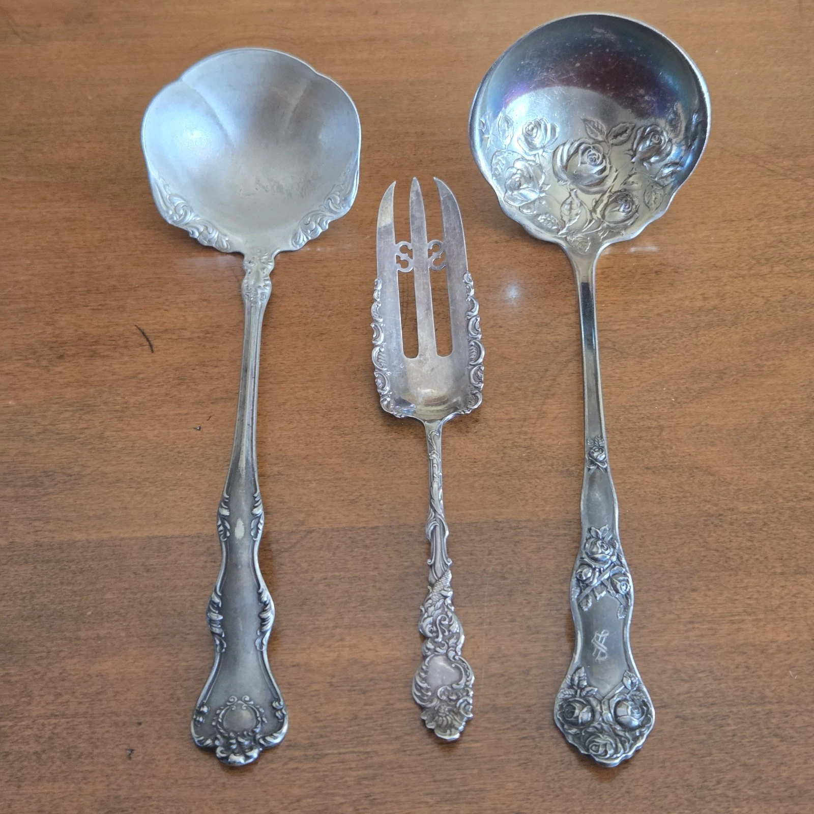 Antique Silverplate Lot of 2 Serving Ladle Spoons & Serving Fork Wm Rogers
